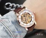 Perfect Replica Vacheron Constantin Traditionnelle White Skeleton Dial Rose Gold Case Brown Leather Strap 40mm Watch